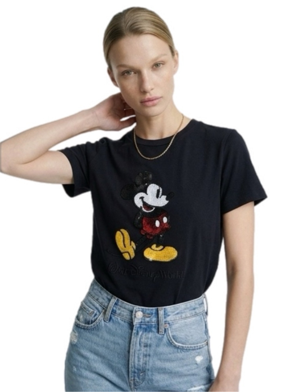 Disney Sequins Black Mickey Mouse Graphic Tee Size Small P2P 22" - Picture 3 of 4